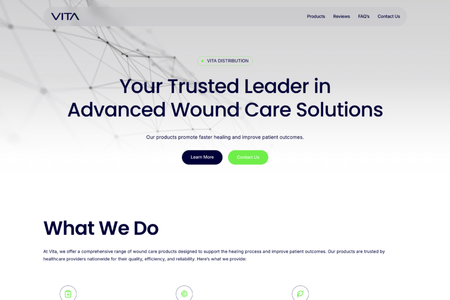 Vita Distribution website screenshot highlighting advanced wound care solutions and healthcare leadership
